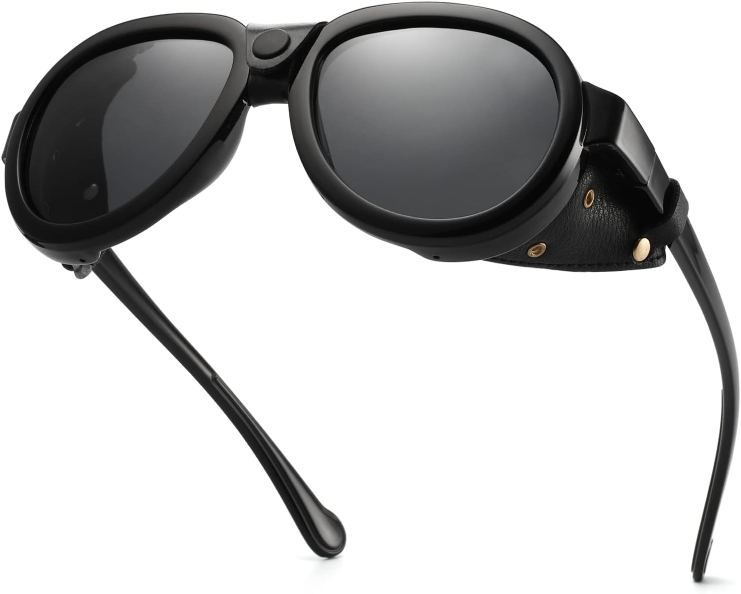 51o3sXOwkuL._AC_SL1500_.jpg Retro Aviator Steampunk Polarized Sunglasses with Leather Side Shield Vintage Gothic Eyewear - Image 1